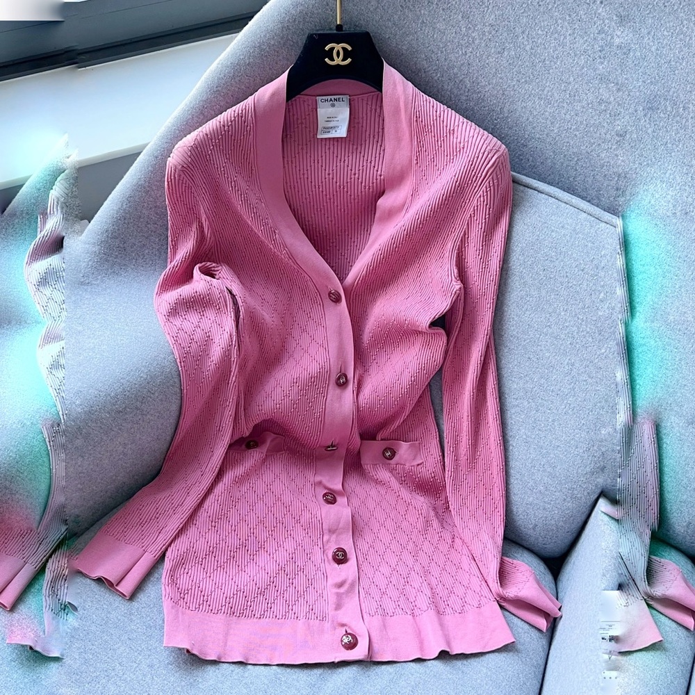 Chanel Vintage Diamond Ribbed Pink Long Cardigan Dress XS S 36 FR